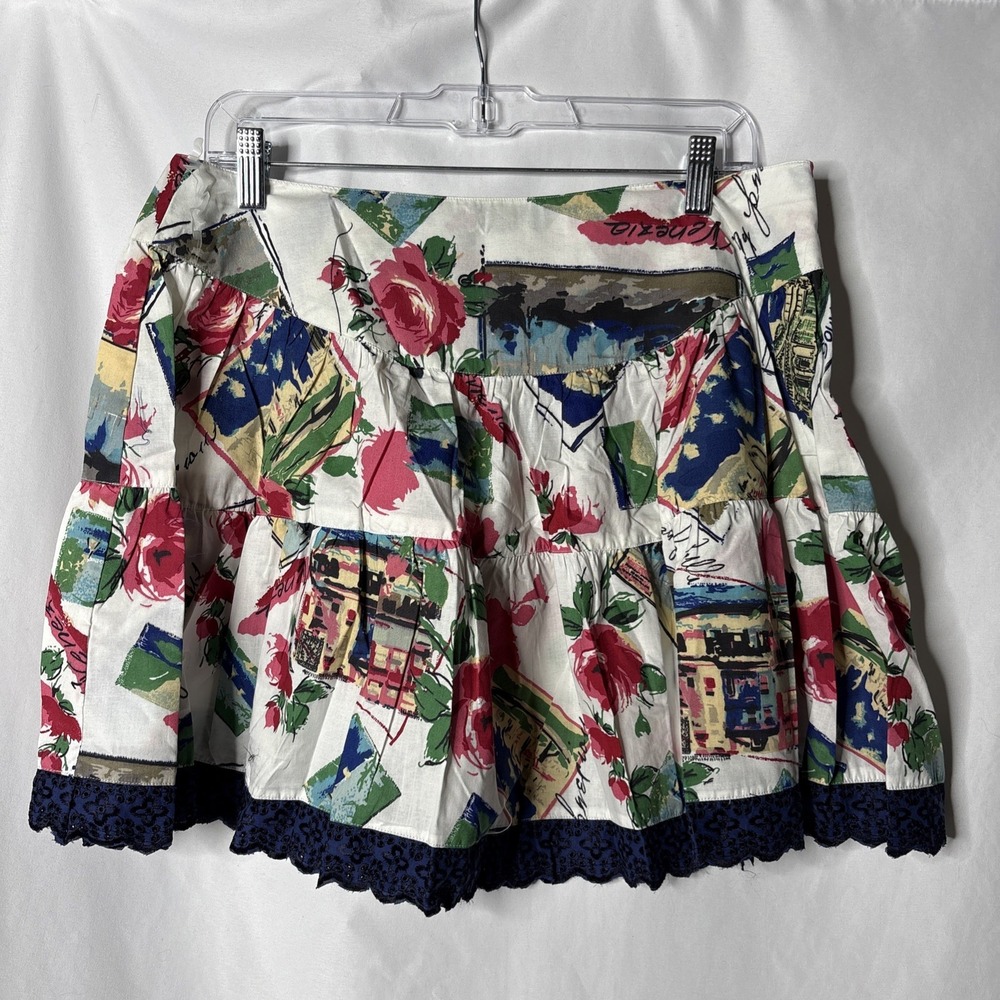 Angie Italy L Ruffle Pleated Mini Skirt Picturesque Flare Floral Travel NEW